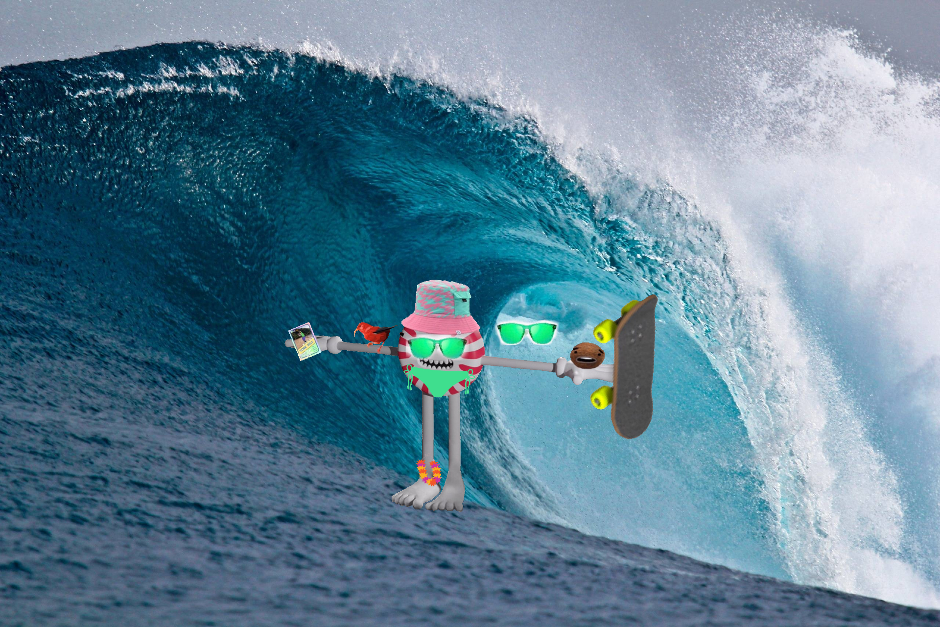 A truly cursed breath mint wearing a bikini and surfing a wave.